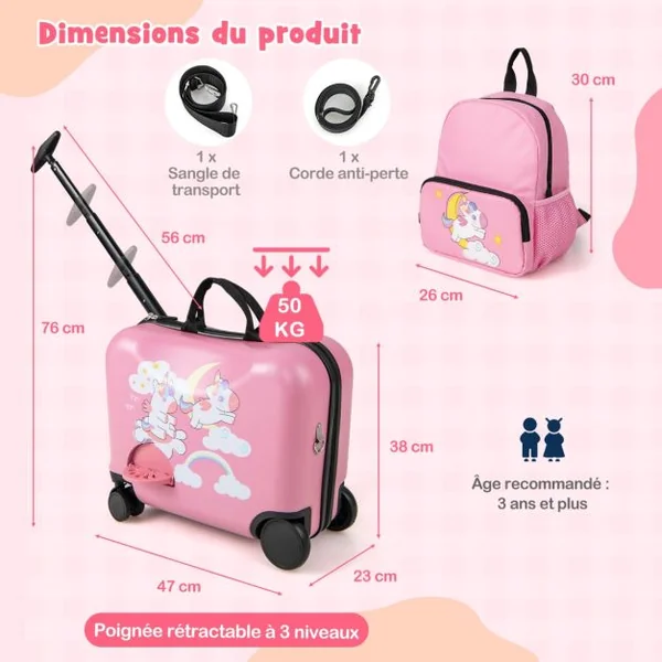 Ensemble de Valise 18” et Sac à Dos 12” pour Enfants Valise à Roulettes avec Corde pour Tirer et Éviter La Perte Motif de Licorne Rose/Bleu/Rose Pâle