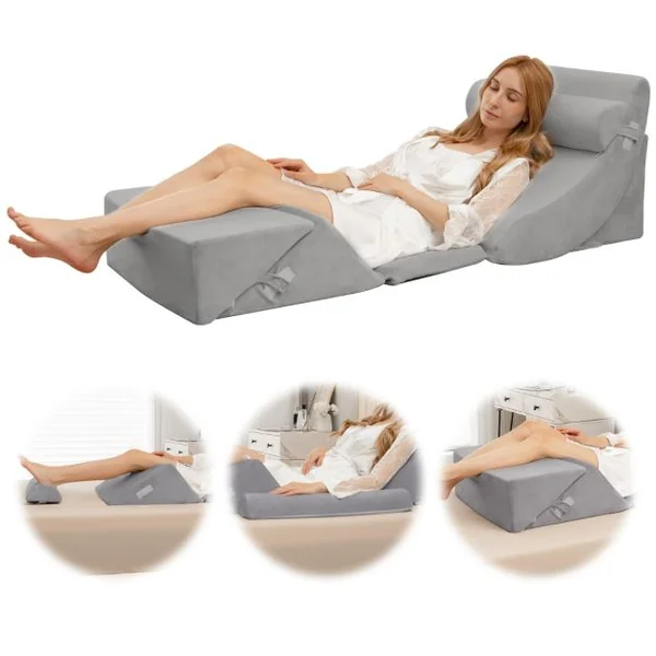 Ensemble d’Oreillers Compensés en Mousse avec Appuie-tête Oreiller de Lecture pour Post-opératoire Support de Jambe Gris