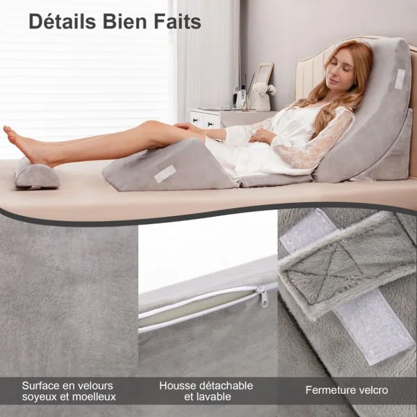Ensemble d’Oreillers Compensés en Mousse avec Appuie-tête Oreiller de Lecture pour Post-opératoire Support de Jambe Gris
