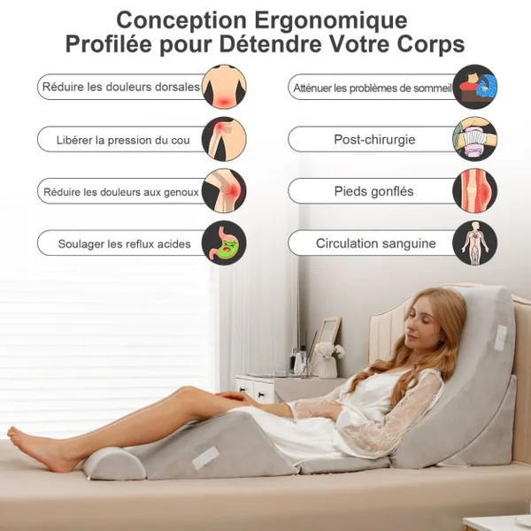 Ensemble d’Oreillers Compensés en Mousse avec Appuie-tête Oreiller de Lecture pour Post-opératoire Support de Jambe Gris