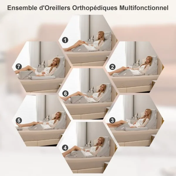 Ensemble d’Oreillers Compensés en Mousse avec Appuie-tête Oreiller de Lecture pour Post-opératoire Support de Jambe Gris