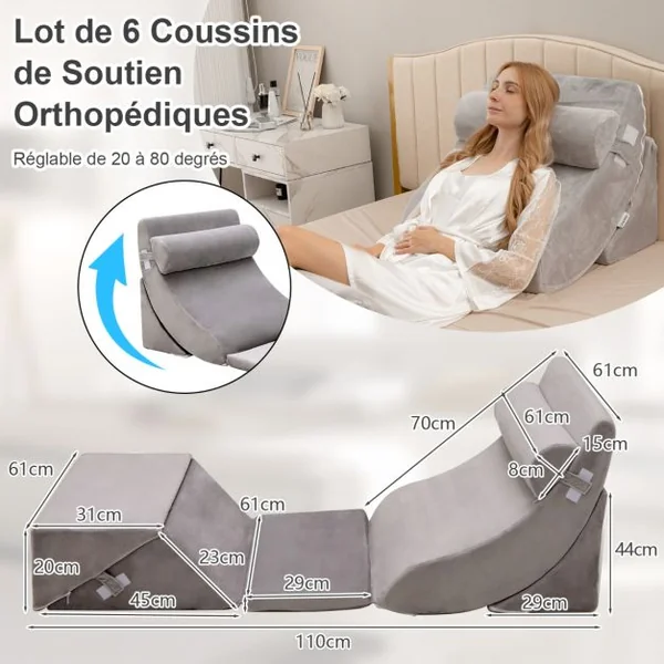 Ensemble d’Oreillers Compensés en Mousse avec Appuie-tête Oreiller de Lecture pour Post-opératoire Support de Jambe Gris