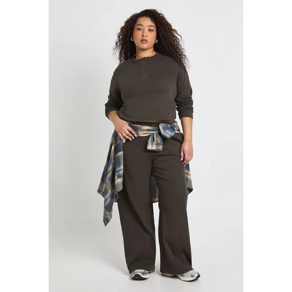 Ensemble Grande Taille Haut Col Rond Boutonné Et Pantalon En Coton