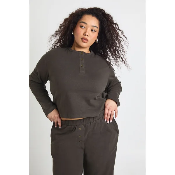 Ensemble Grande Taille Haut Col Rond Boutonné Et Pantalon En Coton