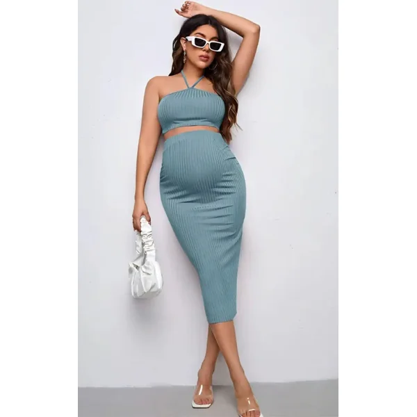 Ensemble Grossesse à Bretelles Et Jupe Bleu