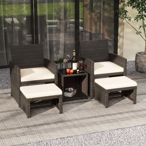 Ensemble Meuble de Salon 5PCS Salon de Jardin en Rotin PE avec Coussin pour Balcon Piscine Terrasse Blanc