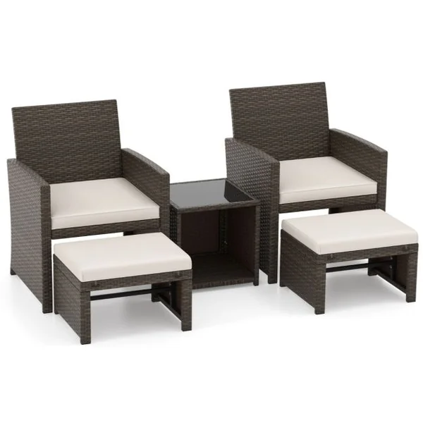 Ensemble Meuble de Salon 5PCS Salon de Jardin en Rotin PE avec Coussin pour Balcon Piscine Terrasse Blanc