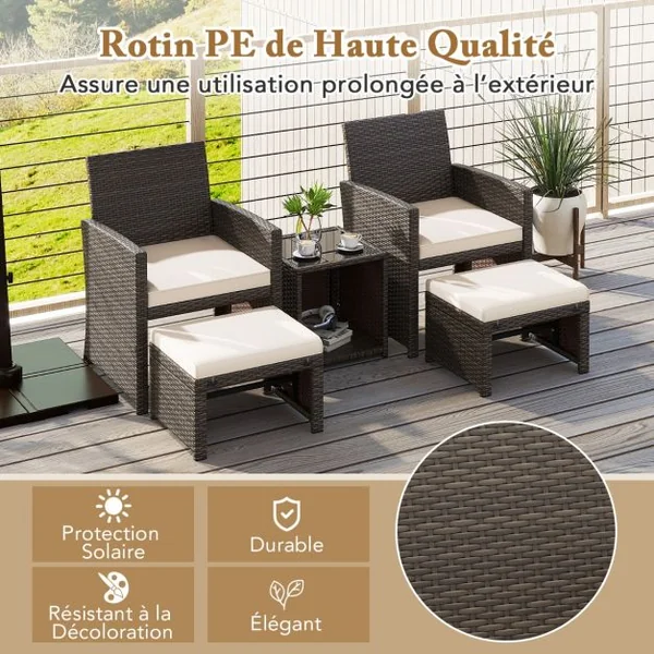 Ensemble Meuble de Salon 5PCS Salon de Jardin en Rotin PE avec Coussin pour Balcon Piscine Terrasse Blanc