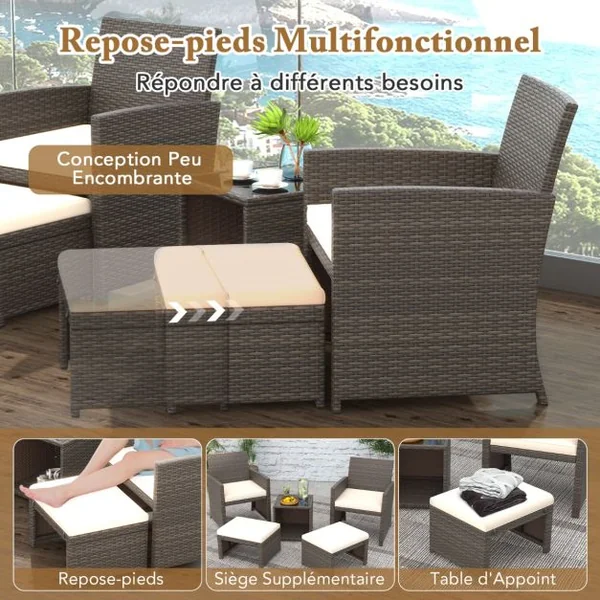 Ensemble Meuble de Salon 5PCS Salon de Jardin en Rotin PE avec Coussin pour Balcon Piscine Terrasse Blanc