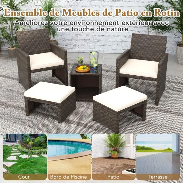Ensemble Meuble de Salon 5PCS Salon de Jardin en Rotin PE avec Coussin pour Balcon Piscine Terrasse Blanc