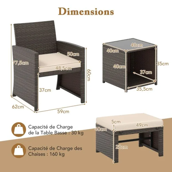 Ensemble Meuble de Salon 5PCS Salon de Jardin en Rotin PE avec Coussin pour Balcon Piscine Terrasse Blanc