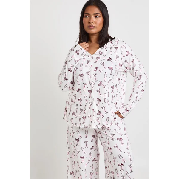 Ensemble Pyjama Grande Taille Imprimé Nœuds et Cocktails Haut Manches Longues & Pantalon