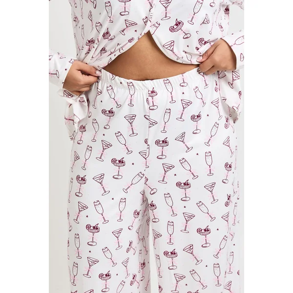 Ensemble Pyjama Grande Taille Imprimé Nœuds et Cocktails Haut Manches Longues & Pantalon