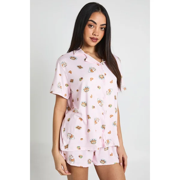 Ensemble Pyjama Imprimé Petit-déjeuner Avec Chemise À Manches Courtes Et Short