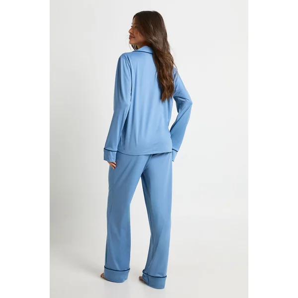 Ensemble Pyjama Jersey à Détails Passepoil Chemise Manches Longues & Pantalon