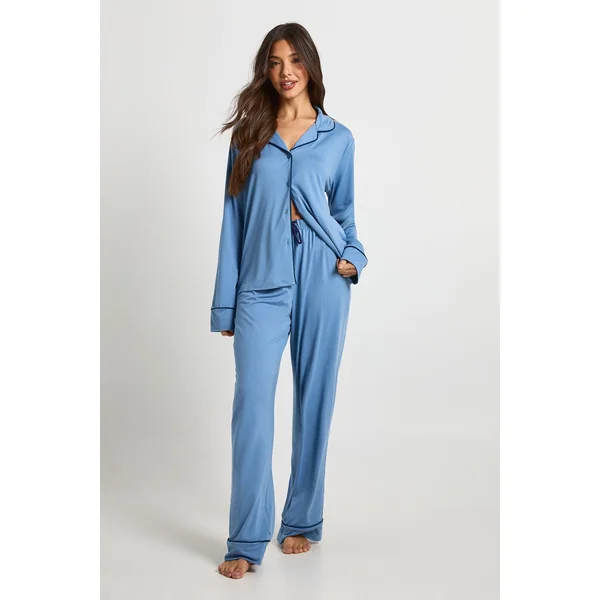 Ensemble Pyjama Jersey à Détails Passepoil Chemise Manches Longues & Pantalon
