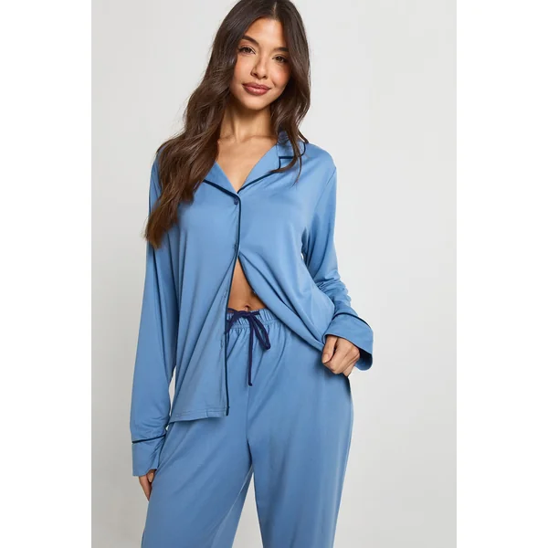 Ensemble Pyjama Jersey à Détails Passepoil Chemise Manches Longues & Pantalon