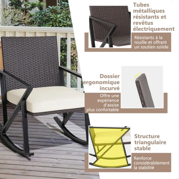 Ensemble Salon de Jardin 2 Chaises à Bascule Rotin Artisanal Anti-soleil pour Porche Balcon Terrasse