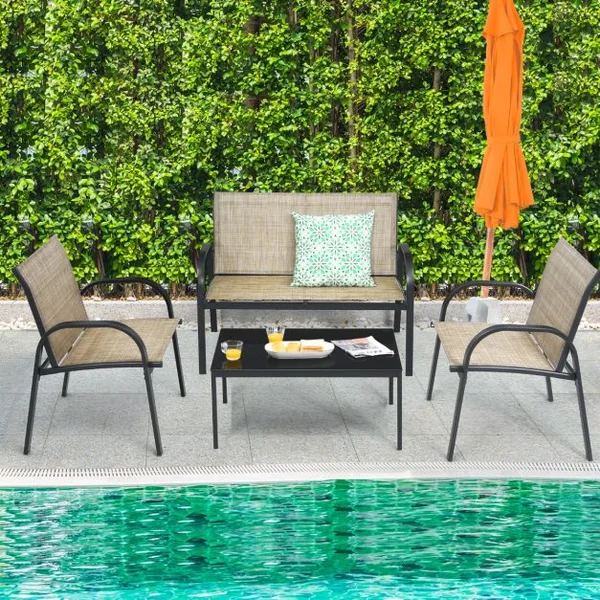 Ensemble Salon de Jardin 4 Places 2 Fauteuils 1 Canapé et 1 Table Basse en Verre Tissu en Textilene Anti-UV Gris/Marron/Noir