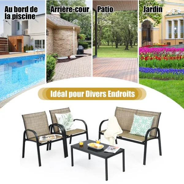 Ensemble Salon de Jardin 4 Places 2 Fauteuils 1 Canapé et 1 Table Basse en Verre Tissu en Textilene Anti-UV Gris/Marron/Noir