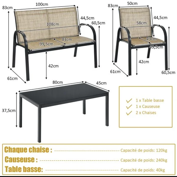 Ensemble Salon de Jardin 4 Places 2 Fauteuils 1 Canapé et 1 Table Basse en Verre Tissu en Textilene Anti-UV Gris/Marron/Noir