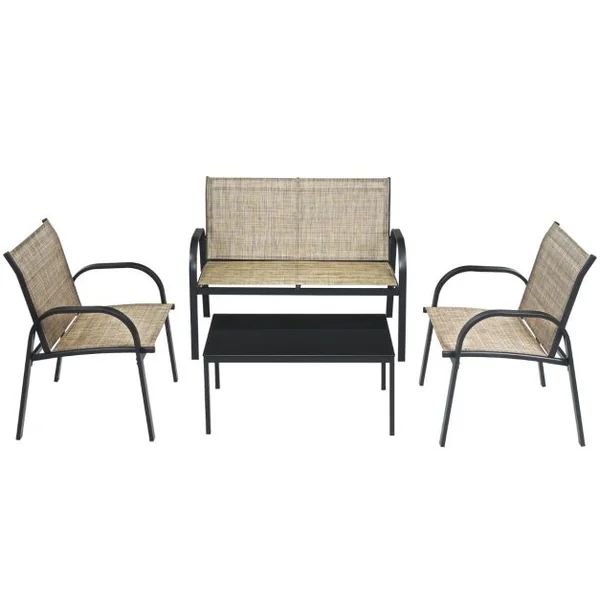 Ensemble Salon de Jardin 4 Places 2 Fauteuils 1 Canapé et 1 Table Basse en Verre Tissu en Textilene Anti-UV Gris/Marron/Noir