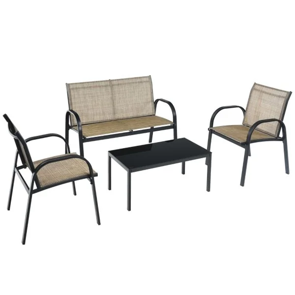Ensemble Salon de Jardin 4 Places 2 Fauteuils 1 Canapé et 1 Table Basse en Verre Tissu en Textilene Anti-UV Gris/Marron/Noir