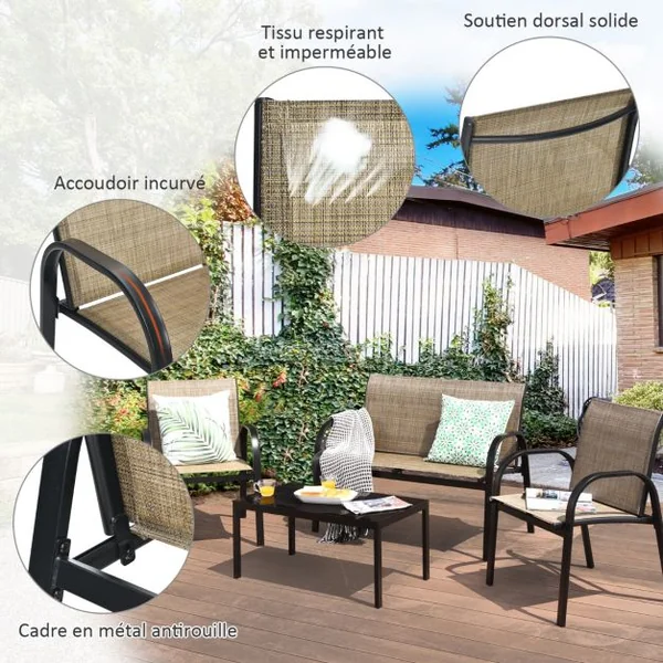 Ensemble Salon de Jardin 4 Places 2 Fauteuils 1 Canapé et 1 Table Basse en Verre Tissu en Textilene Anti-UV Gris/Marron/Noir