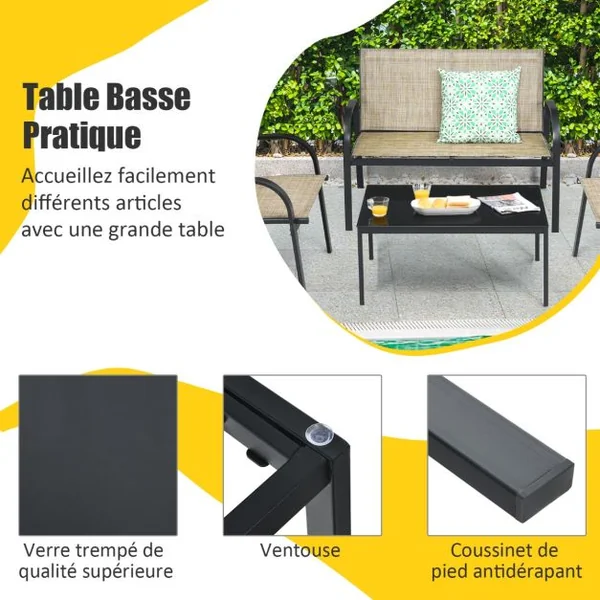 Ensemble Salon de Jardin 4 Places 2 Fauteuils 1 Canapé et 1 Table Basse en Verre Tissu en Textilene Anti-UV Gris/Marron/Noir
