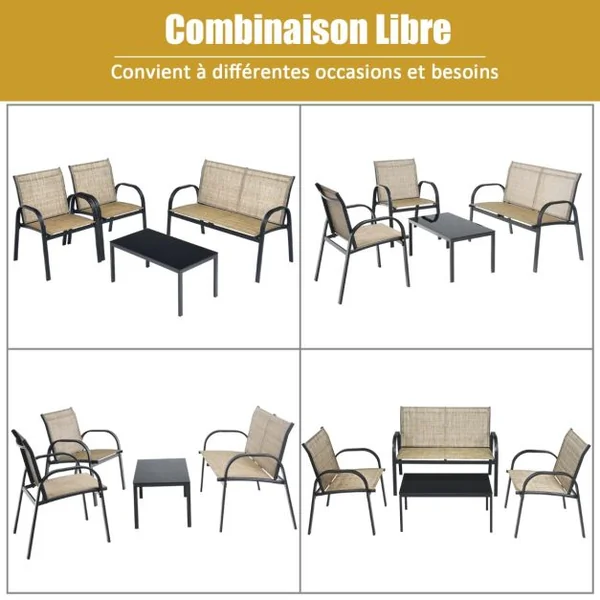 Ensemble Salon de Jardin 4 Places 2 Fauteuils 1 Canapé et 1 Table Basse en Verre Tissu en Textilene Anti-UV Gris/Marron/Noir