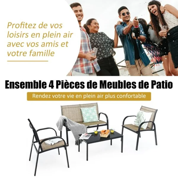 Ensemble Salon de Jardin 4 Places 2 Fauteuils 1 Canapé et 1 Table Basse en Verre Tissu en Textilene Anti-UV Gris/Marron/Noir