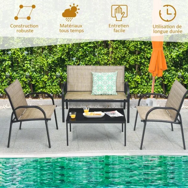 Ensemble Salon de Jardin 4 Places 2 Fauteuils 1 Canapé et 1 Table Basse en Verre Tissu en Textilene Anti-UV Gris/Marron/Noir