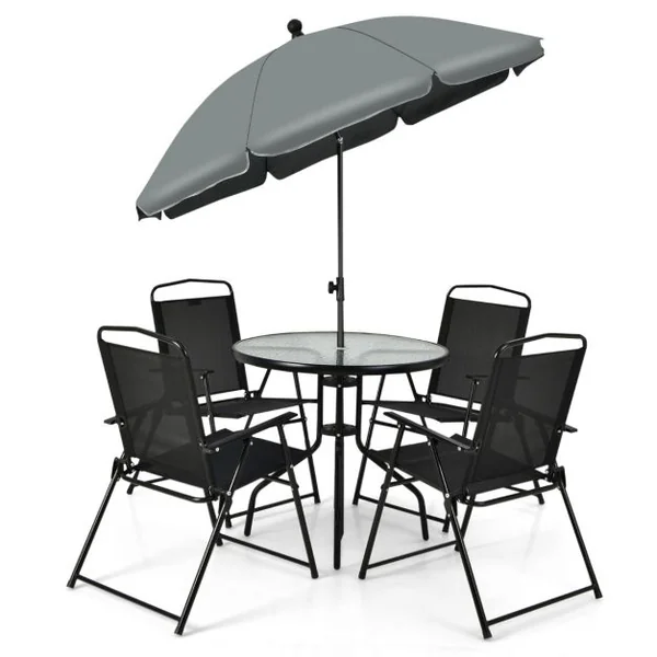 Ensemble Salon de Jardin 6 Pcs 4 Chaises Pliantes Table Basse en Verre et Parasol pour Terrasse Piscine Cour Noir