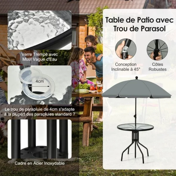 Ensemble Salon de Jardin 6 Pcs 4 Chaises Pliantes Table Basse en Verre et Parasol pour Terrasse Piscine Cour Noir