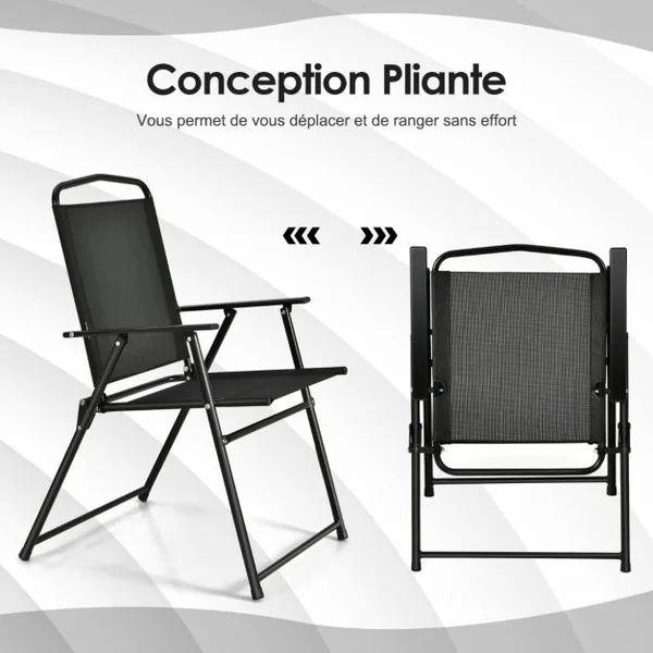 Ensemble Salon de Jardin 6 Pcs 4 Chaises Pliantes Table Basse en Verre et Parasol pour Terrasse Piscine Cour Noir