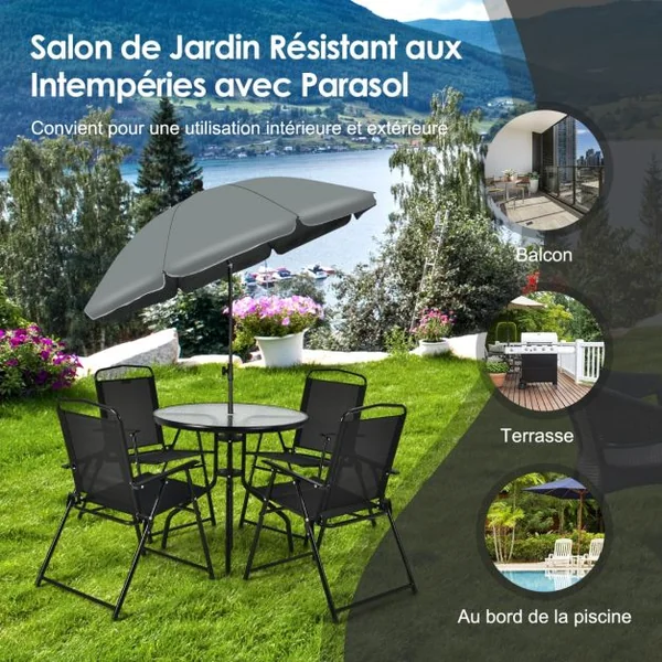 Ensemble Salon de Jardin 6 Pcs 4 Chaises Pliantes Table Basse en Verre et Parasol pour Terrasse Piscine Cour Noir