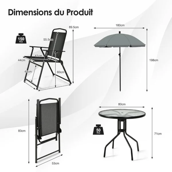 Ensemble Salon de Jardin 6 Pcs 4 Chaises Pliantes Table Basse en Verre et Parasol pour Terrasse Piscine Cour Noir