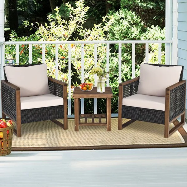 Ensemble Salon de Jardin en Bois d'Acacia Rotin Artisanal Anti-soleil Résistant aux Intempéries pour Porche Balcon Terrasse