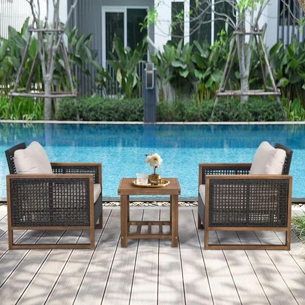 Ensemble Salon de Jardin en Bois d'Acacia Rotin Artisanal Anti-soleil Résistant aux Intempéries pour Porche Balcon Terrasse
