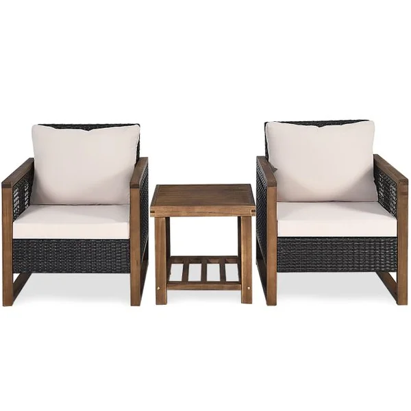 Ensemble Salon de Jardin en Bois d'Acacia Rotin Artisanal Anti-soleil Résistant aux Intempéries pour Porche Balcon Terrasse