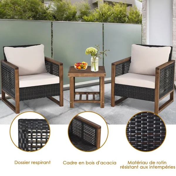 Ensemble Salon de Jardin en Bois d'Acacia Rotin Artisanal Anti-soleil Résistant aux Intempéries pour Porche Balcon Terrasse
