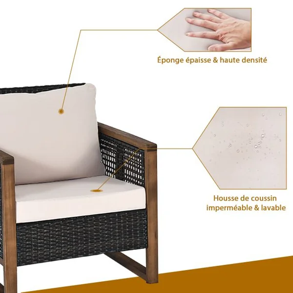 Ensemble Salon de Jardin en Bois d'Acacia Rotin Artisanal Anti-soleil Résistant aux Intempéries pour Porche Balcon Terrasse