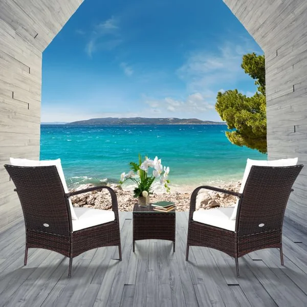 Ensemble Salon de Jardin en Resine Tressee avec 2 Fauteuils et 1 Table Convient pour Balcon Terrasse et Jardin