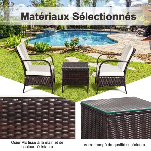 Ensemble Salon de Jardin en Resine Tressee avec 2 Fauteuils et 1 Table Convient pour Balcon Terrasse et Jardin