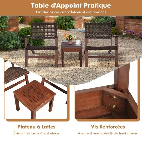 Ensemble Salon de Jaridn en Eucalyptus Rotin Artisanal Anti-soleil Résistant aux Intempéries pour Porche Balcon Terrasse