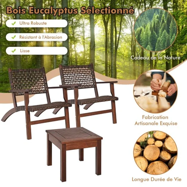 Ensemble Salon de Jaridn en Eucalyptus Rotin Artisanal Anti-soleil Résistant aux Intempéries pour Porche Balcon Terrasse