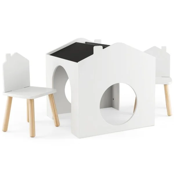 Ensemble Table 61 x 58 x 59 cm (L x l x H) avec 2 Chaises pour Enfants Tableau Noir Incliné Rainure de Rangement Blanc