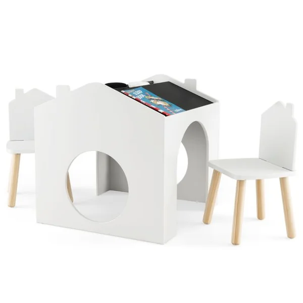 Ensemble Table 61 x 58 x 59 cm (L x l x H) avec 2 Chaises pour Enfants Tableau Noir Incliné Rainure de Rangement Blanc