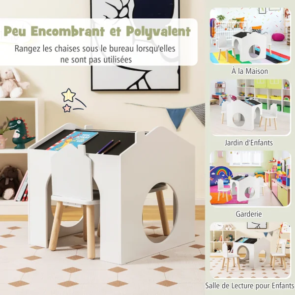 Ensemble Table 61 x 58 x 59 cm (L x l x H) avec 2 Chaises pour Enfants Tableau Noir Incliné Rainure de Rangement Blanc