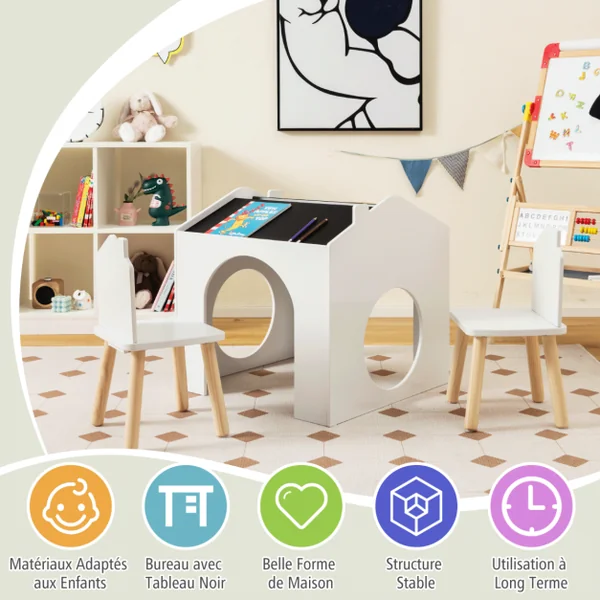 Ensemble Table 61 x 58 x 59 cm (L x l x H) avec 2 Chaises pour Enfants Tableau Noir Incliné Rainure de Rangement Blanc